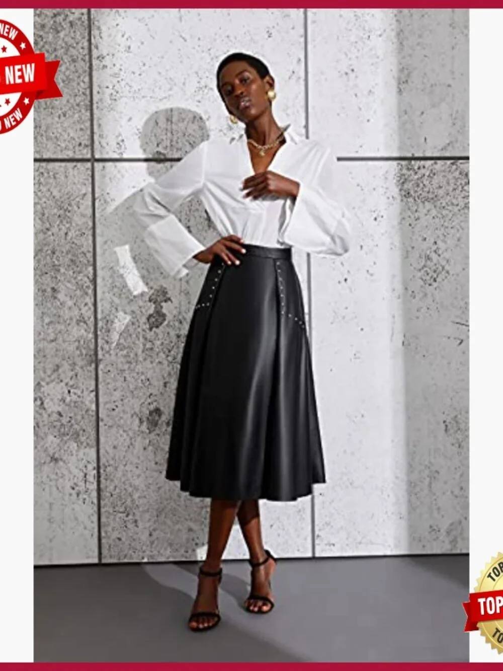 High Waisted Genuine Leather Pleated Skater Midi Skirt